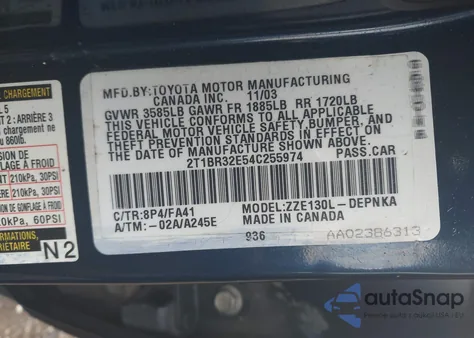 2004 Toyota Corolla Le from USA, damaged, VIN 2T1BR32E54C255974